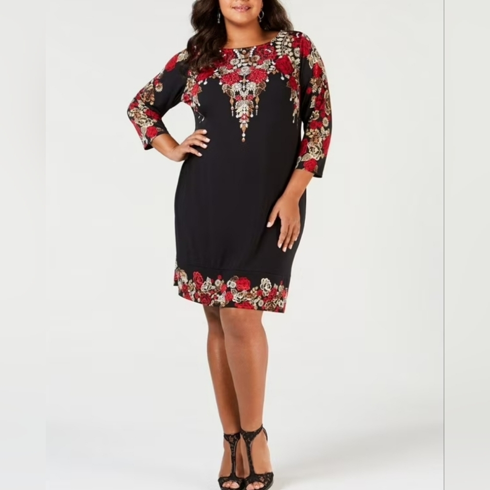 JM Collection black red floral embellished knee length Size S Long sleeve*
